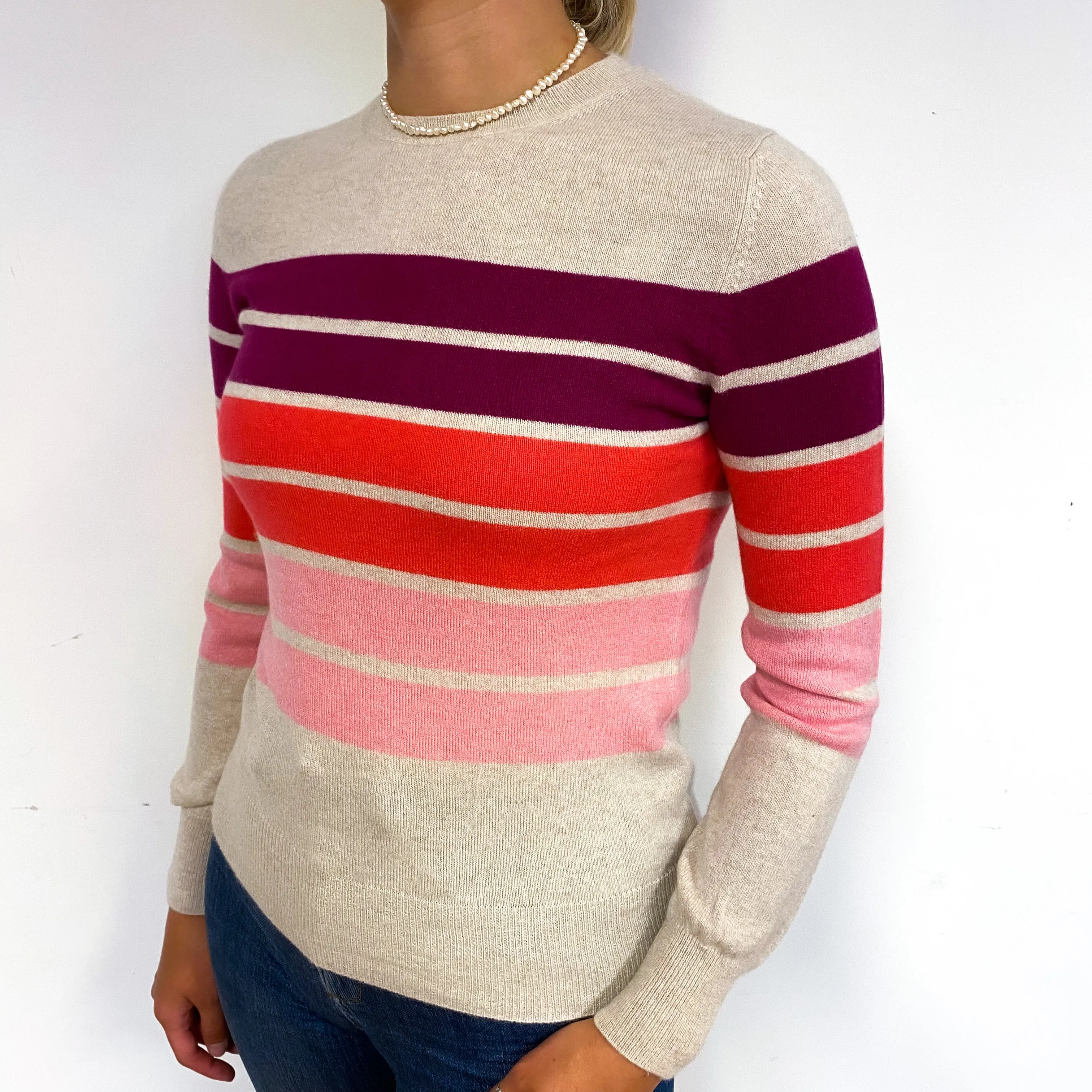 Oatmeal Pink Purple Stripe Cashmere Crew Neck Jumper Small