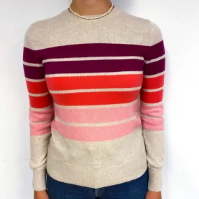 Oatmeal Pink Purple Stripe Cashmere Crew Neck Jumper Small