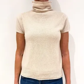 Oatmeal Snowflake Design Short Sleeved Cashmere Funnel Neck Jumper Small