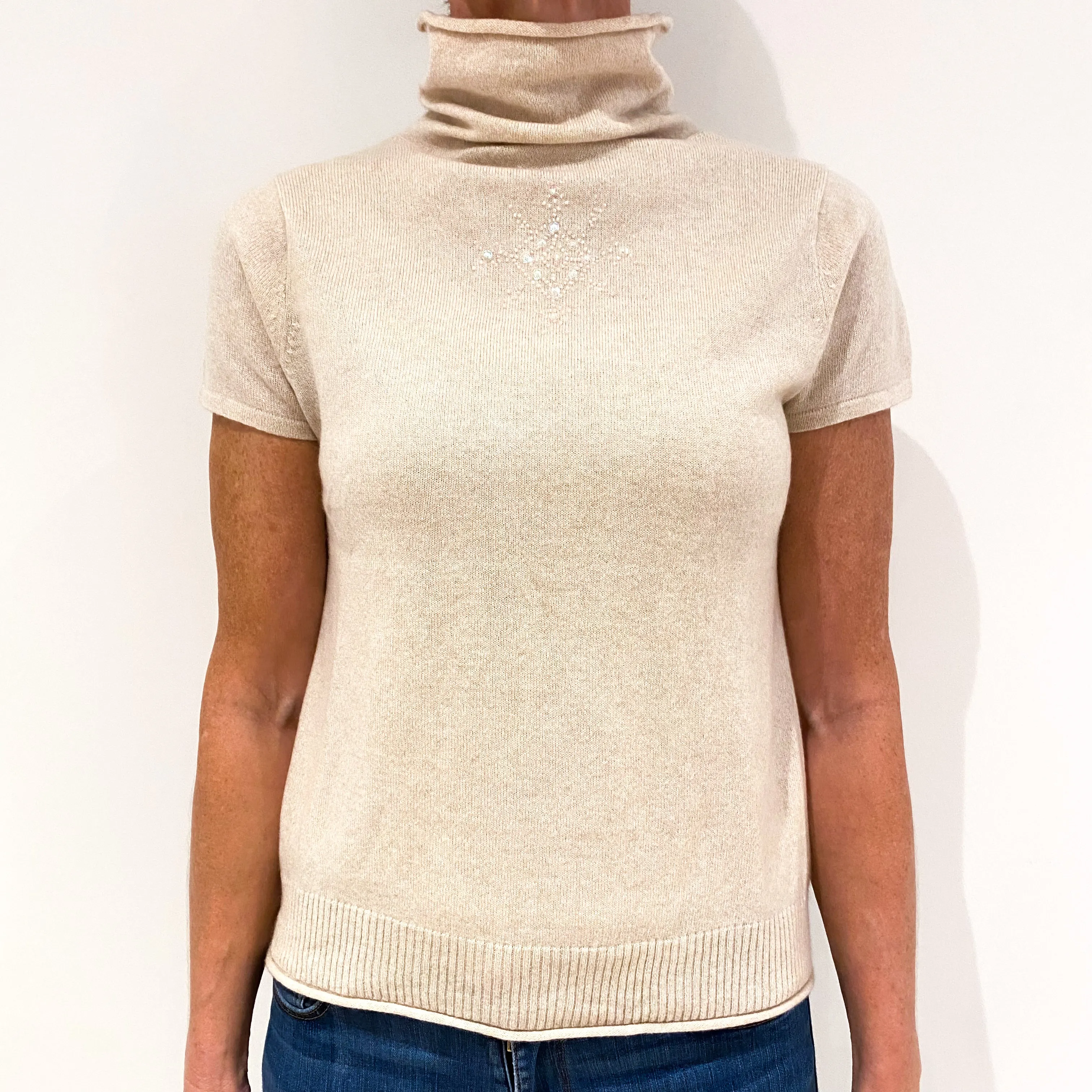 Oatmeal Snowflake Design Short Sleeved Cashmere Funnel Neck Jumper Small