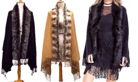 Oversize Scarf or Shawl with Tassels & Fur Collar