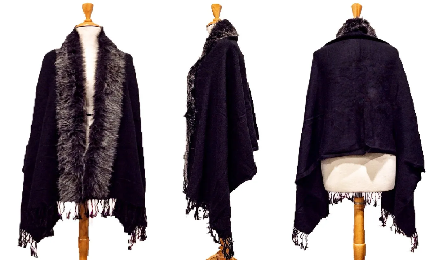 Oversize Scarf or Shawl with Tassels & Fur Collar