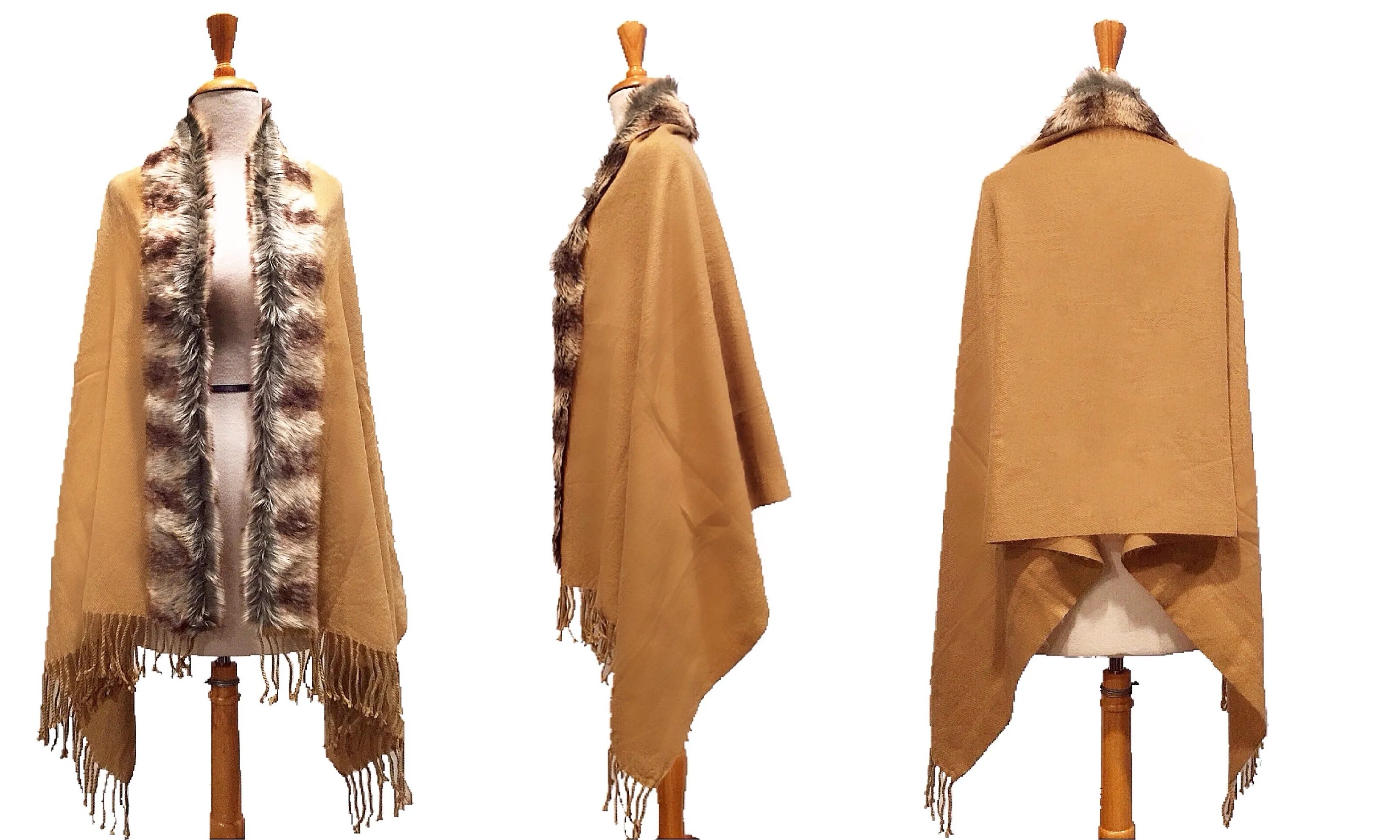 Oversize Scarf or Shawl with Tassels & Fur Collar