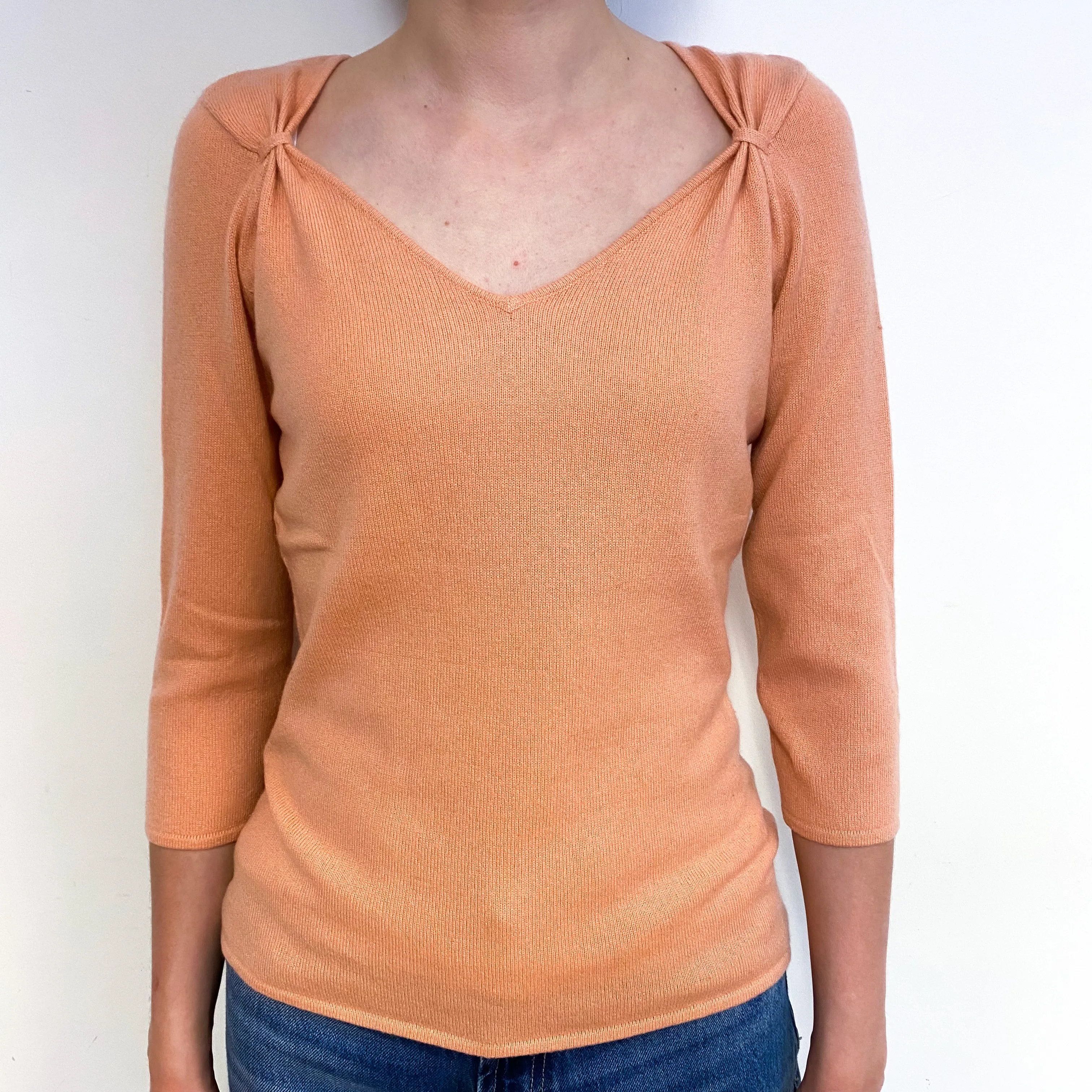 Peach Pink Cashmere Ruched V-Neck Jumper Extra Small