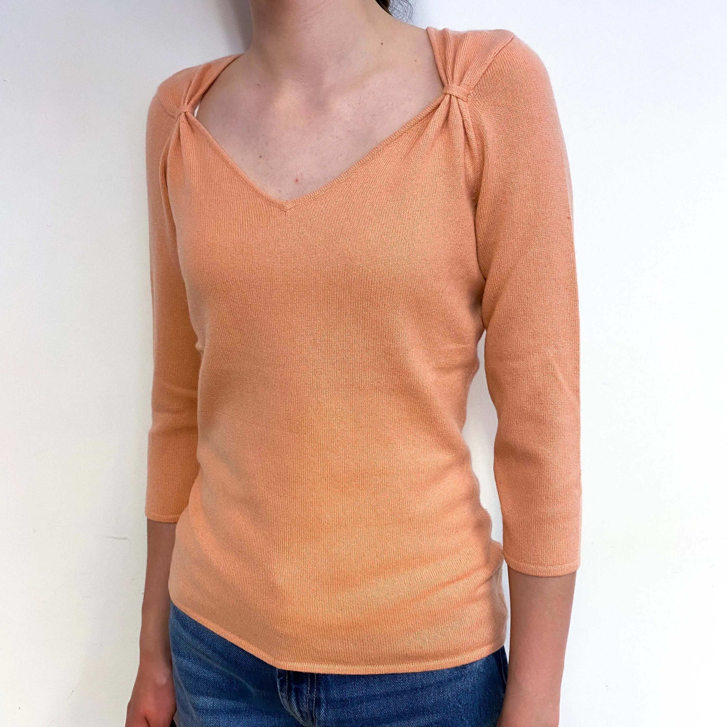 Peach Pink Cashmere Ruched V-Neck Jumper Extra Small