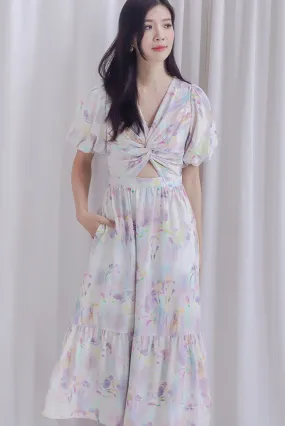 Penrose Twist Knot Cut Out Maxi Dress In Lilac Abstract