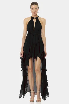 Psarou Black High Low Ruffle Maxi Dress