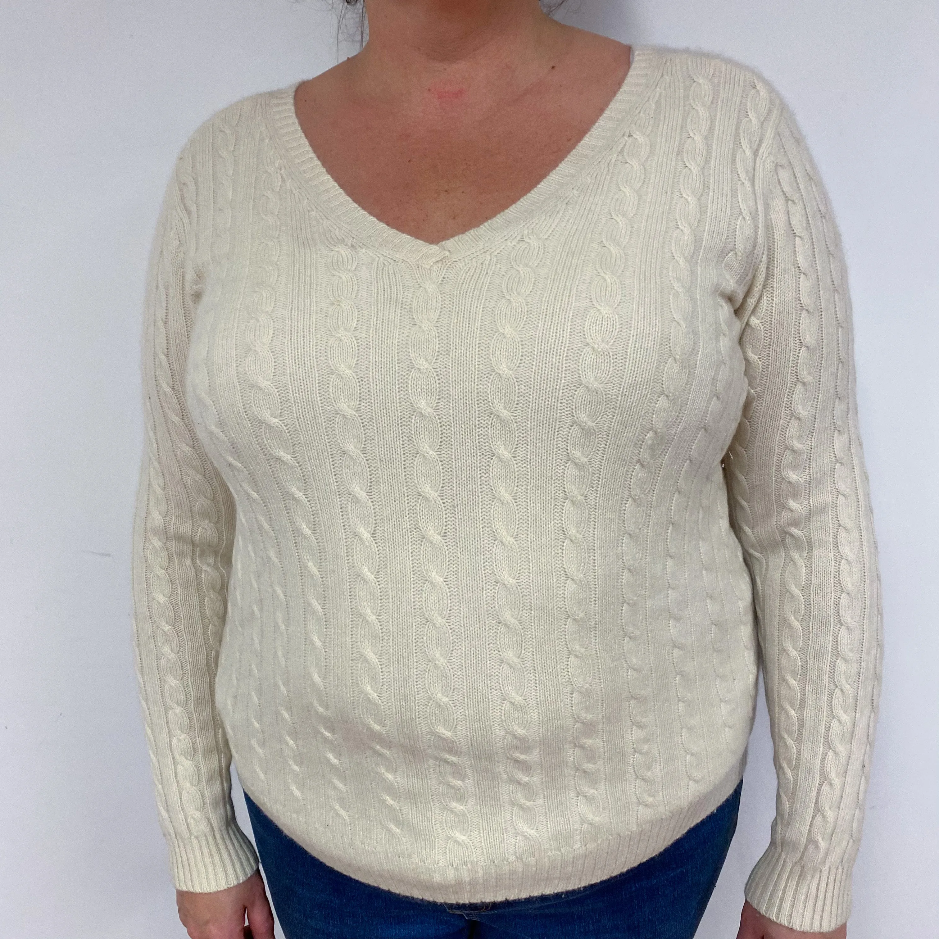 Ralph Lauren Cream Cable Cashmere V-Neck Jumper Extra Large