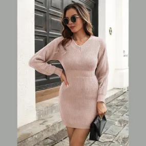 Rib-Knit V-Neck Sweater Dress