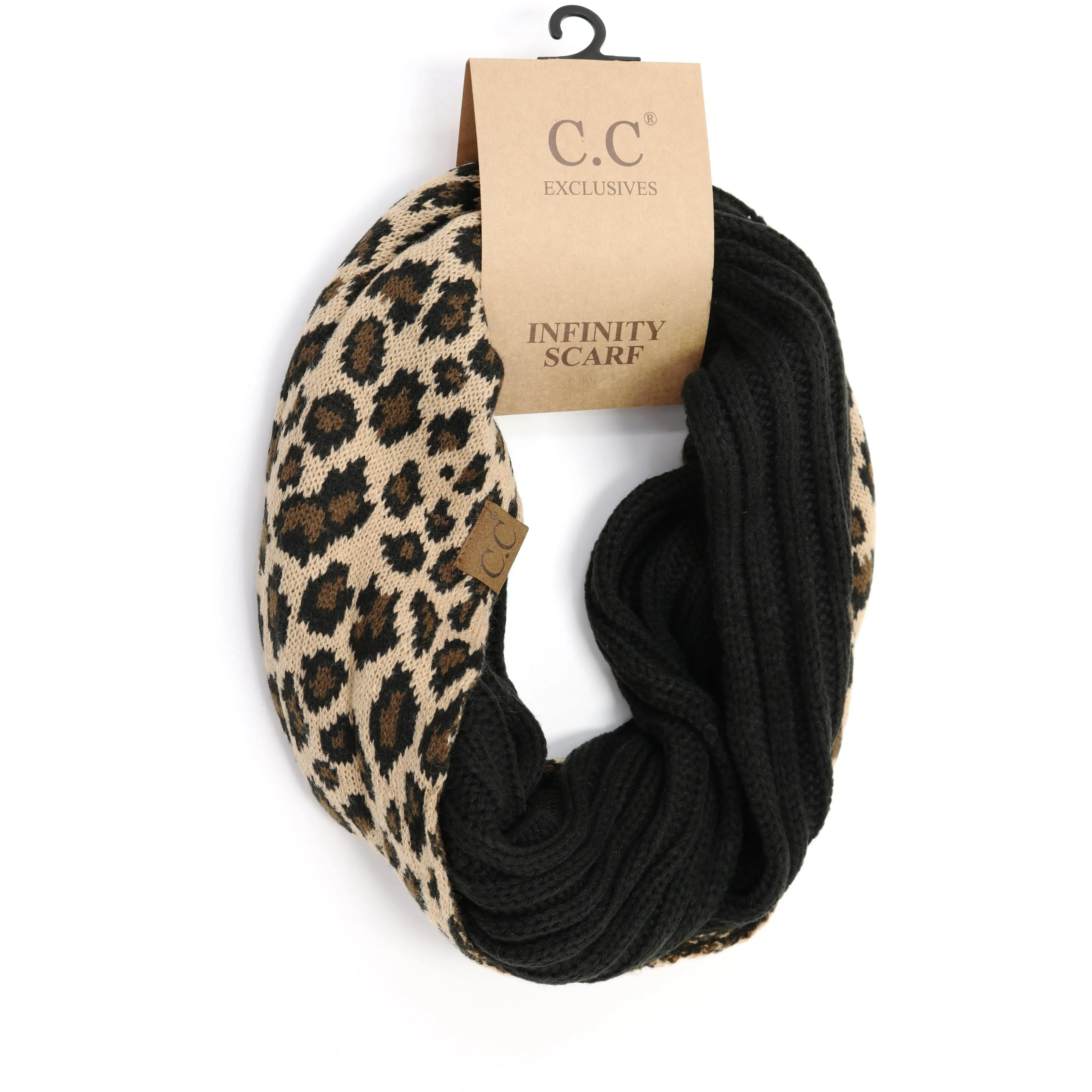 Ribbed Knit Leopard Accent CC Infinity Scarf