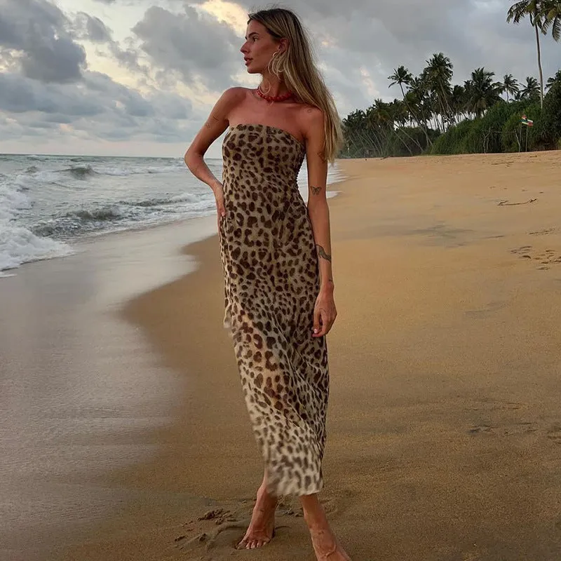 Ruby Vintage Leopard Print Sexy Straps Long Dress