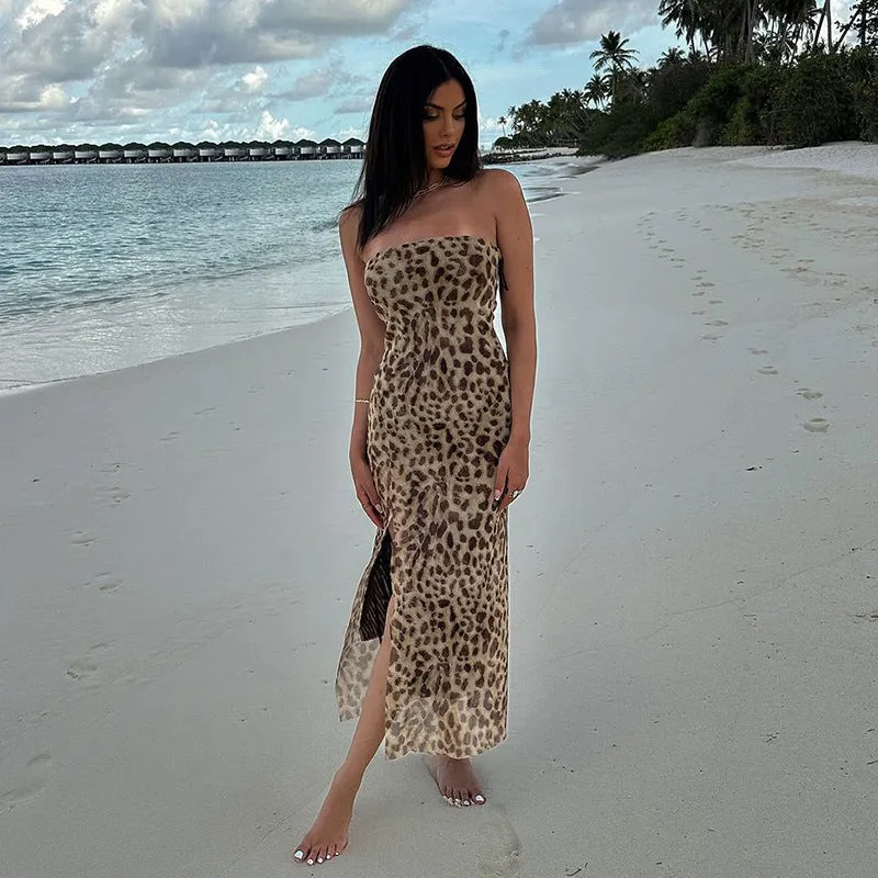 Ruby Vintage Leopard Print Sexy Straps Long Dress