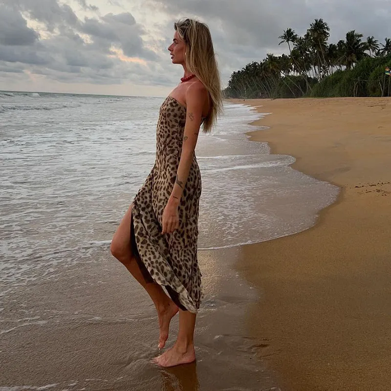 Ruby Vintage Leopard Print Sexy Straps Long Dress