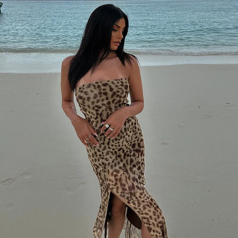 Ruby Vintage Leopard Print Sexy Straps Long Dress