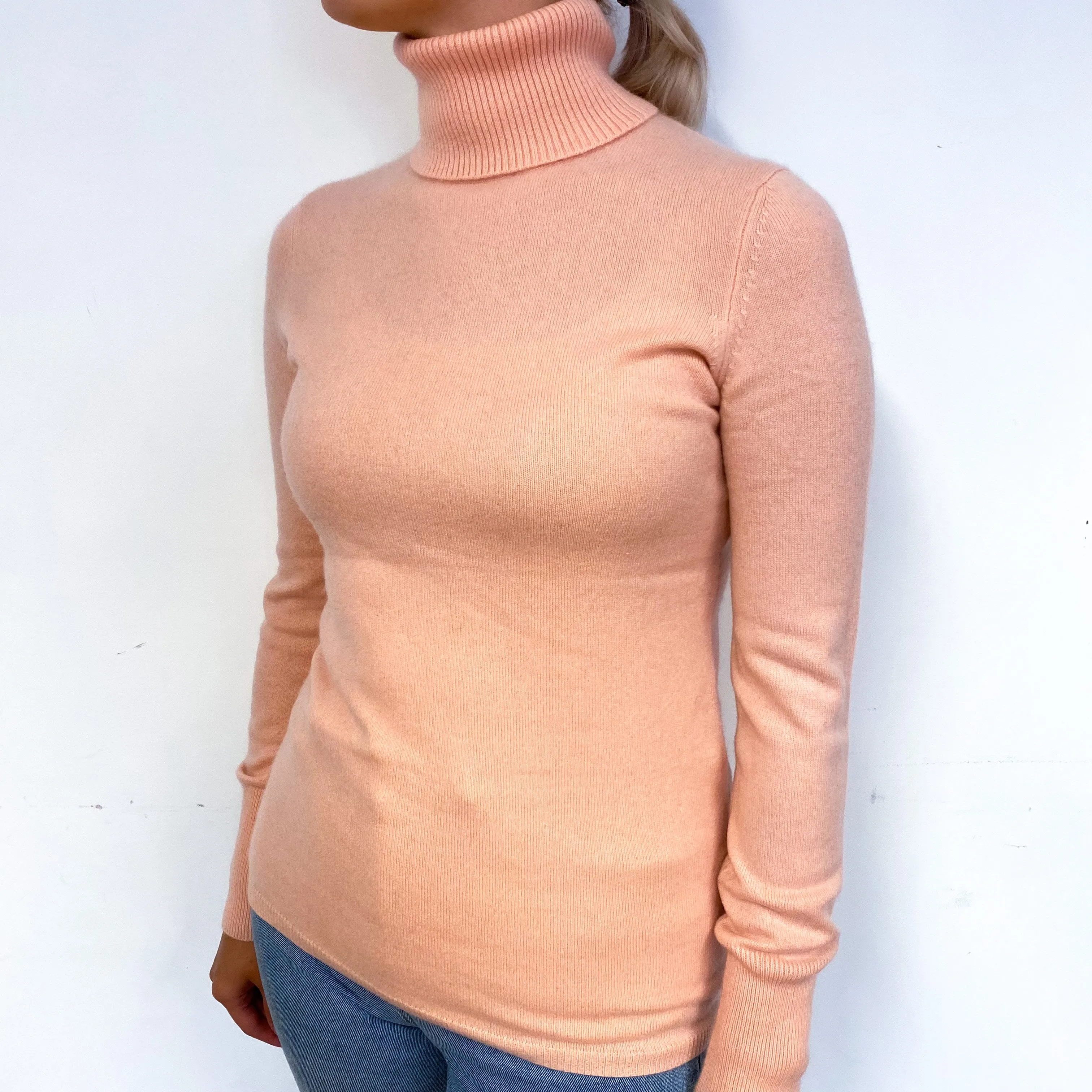 Salmon Pink Cashmere Polo Neck Jumper Small