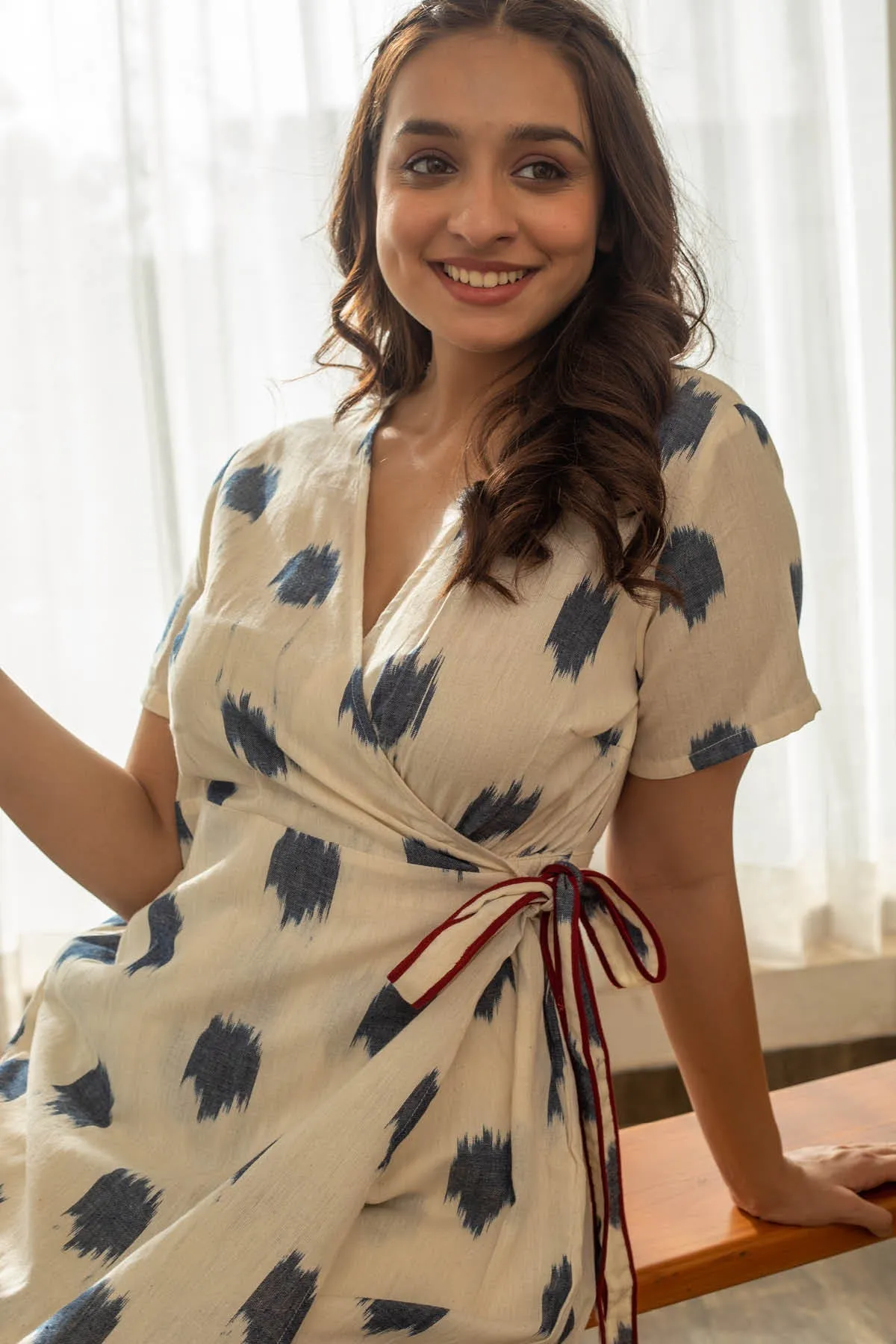 Sara Handloom Ikat Wrap Culotte Jumpsuit - Ivory/Navy