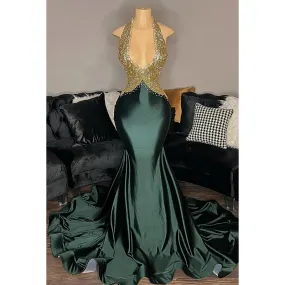 Sexy & Hot Mermaid V-neck Ruffles Halter Sleeveless Backless Evening Party Prom Dress