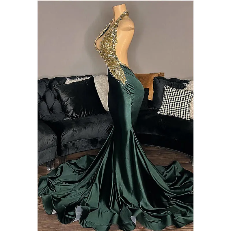 Sexy & Hot Mermaid V-neck Ruffles Halter Sleeveless Backless Evening Party Prom Dress