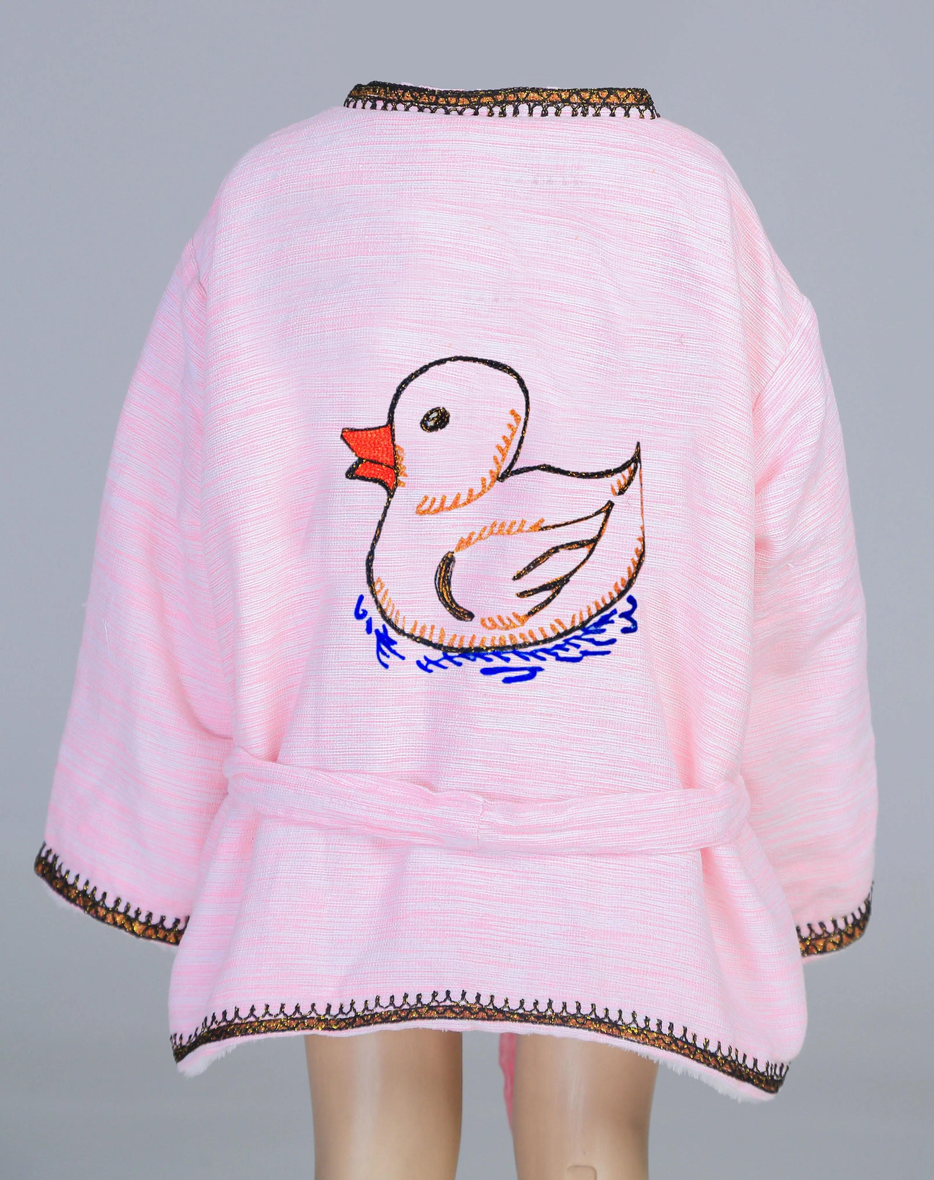 Short Collar Swimming Duck Embroidery Handmade Cotten Night Robe