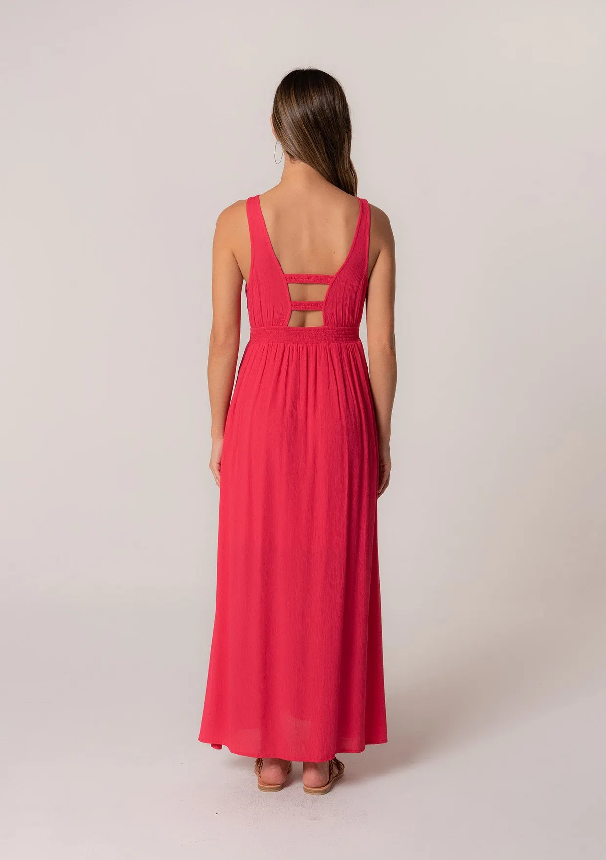 Sleeveless V Neck Button Front Maxi Dress