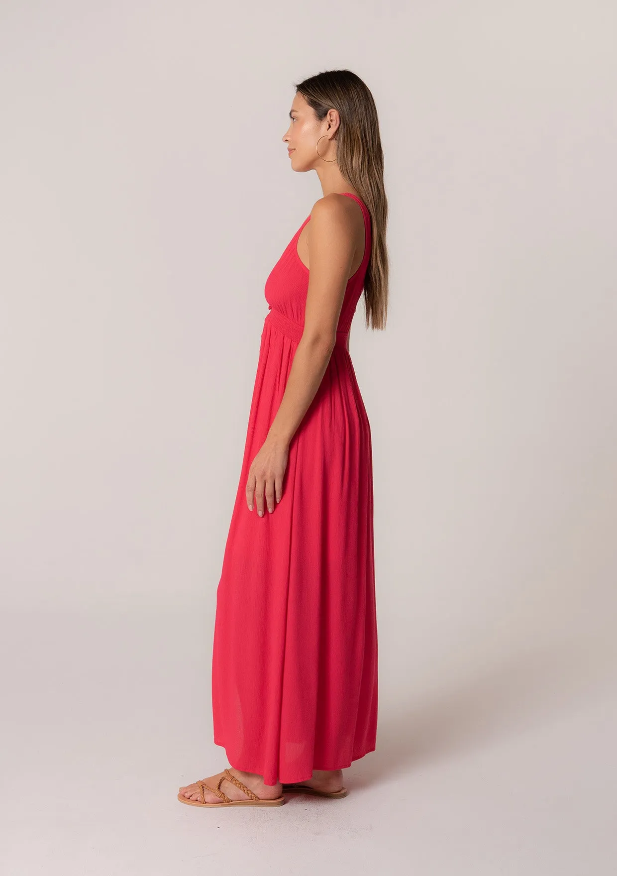 Sleeveless V Neck Button Front Maxi Dress