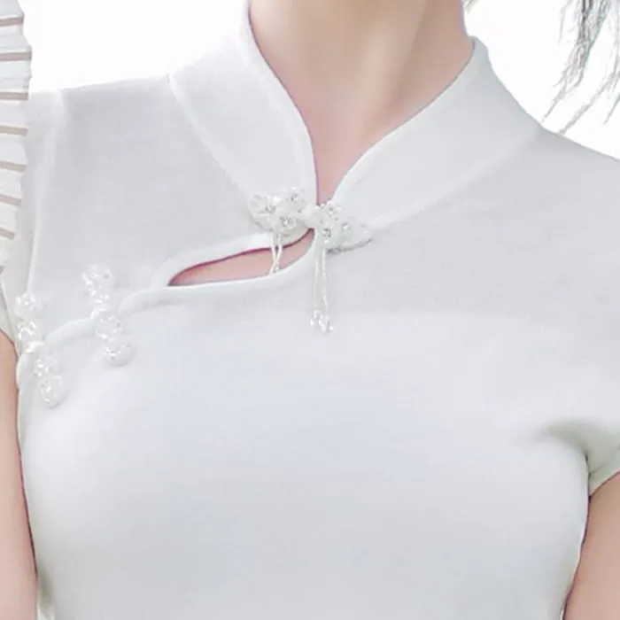 Traditional Chinese Short-Sleeve Stand Collar Plain Cutout Frog Buttoned Top / High Waist Cropped Culottes / Set