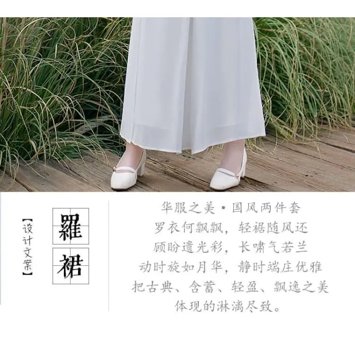 Traditional Chinese Short-Sleeve Stand Collar Plain Cutout Frog Buttoned Top / High Waist Cropped Culottes / Set