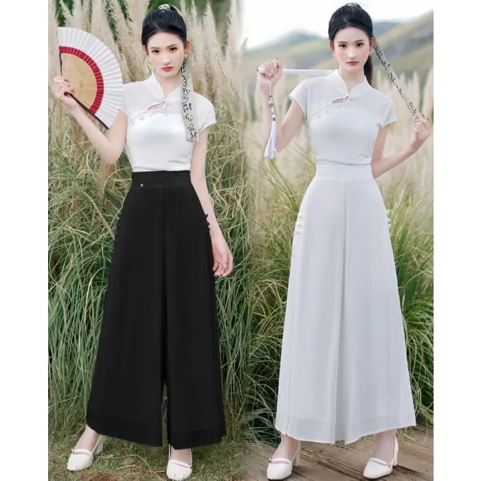 Traditional Chinese Short-Sleeve Stand Collar Plain Cutout Frog Buttoned Top / High Waist Cropped Culottes / Set