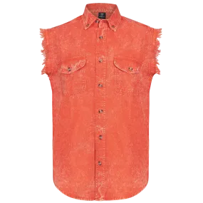Vance VB735 - Men's Biker Motorcycle Orange Acid Wash Cut Off Sleeveless Shirt