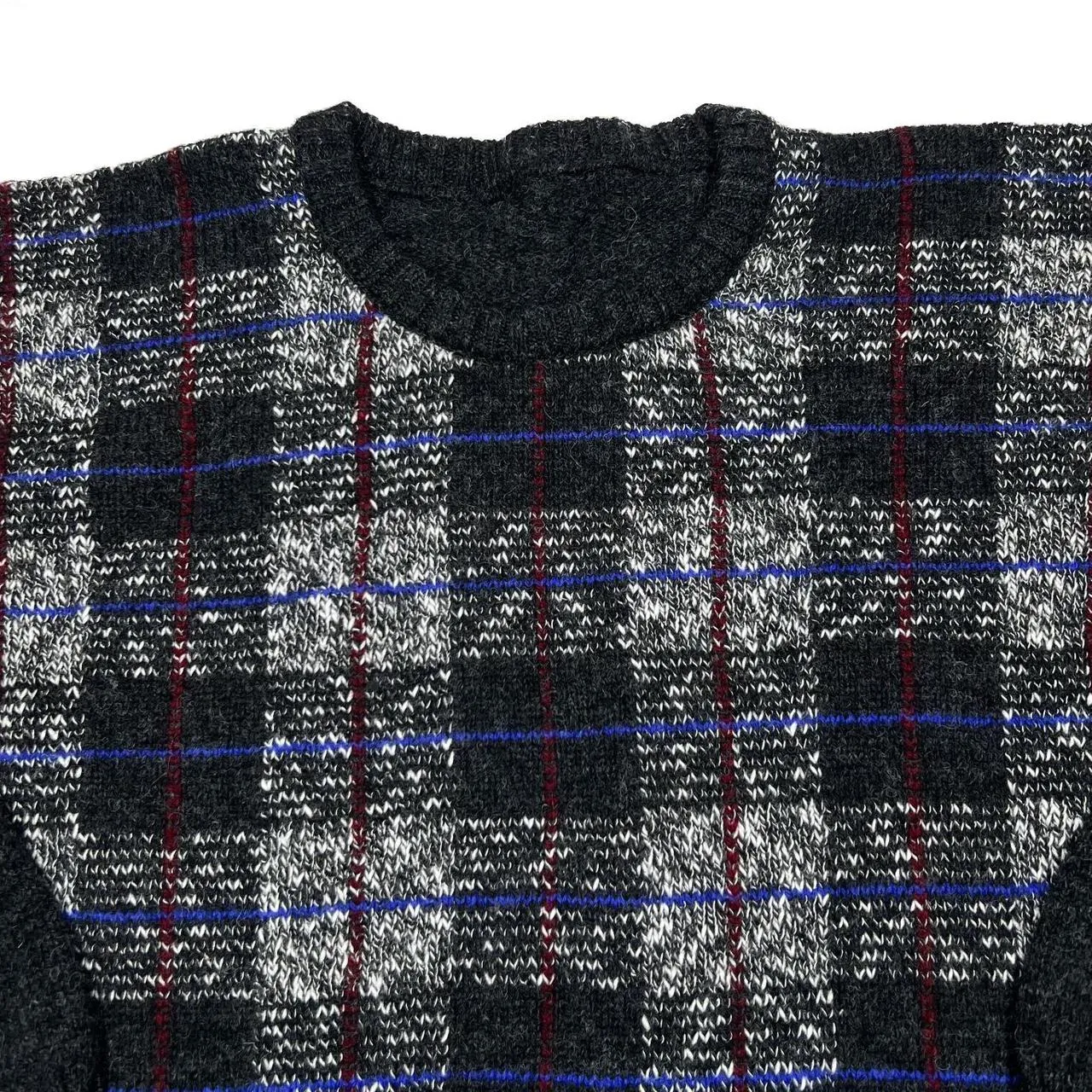 Vintage 80’s Grandad Checked Crewneck Wool Knit Sweater Jumper