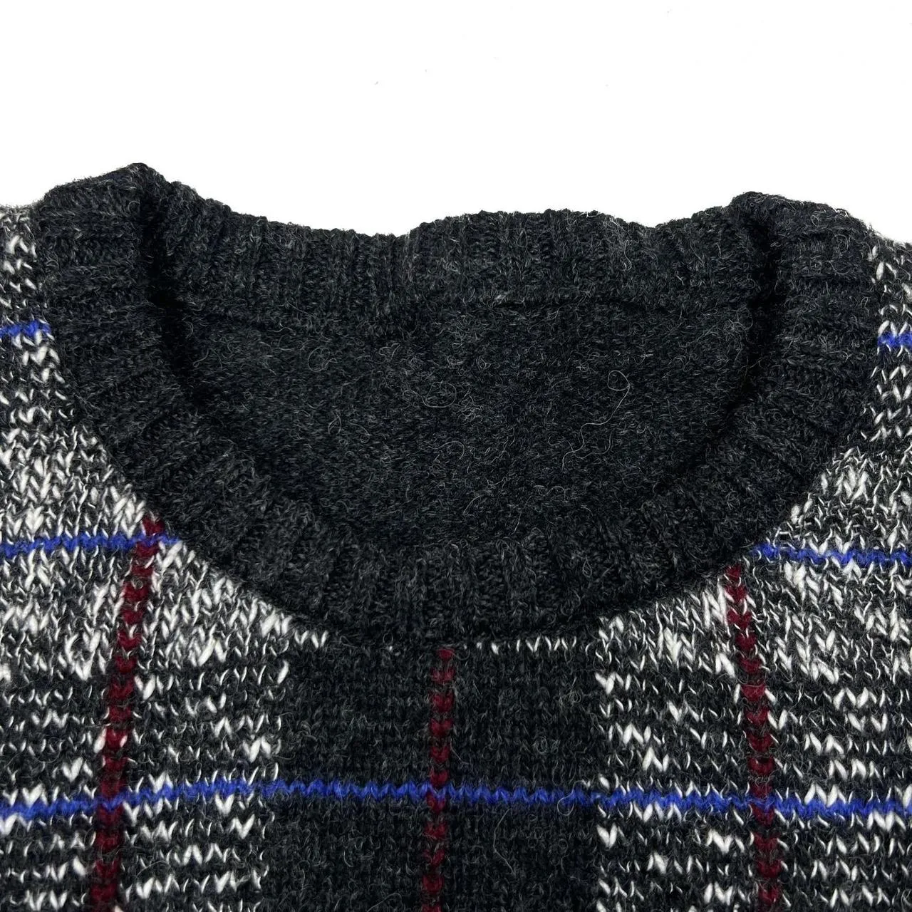 Vintage 80’s Grandad Checked Crewneck Wool Knit Sweater Jumper
