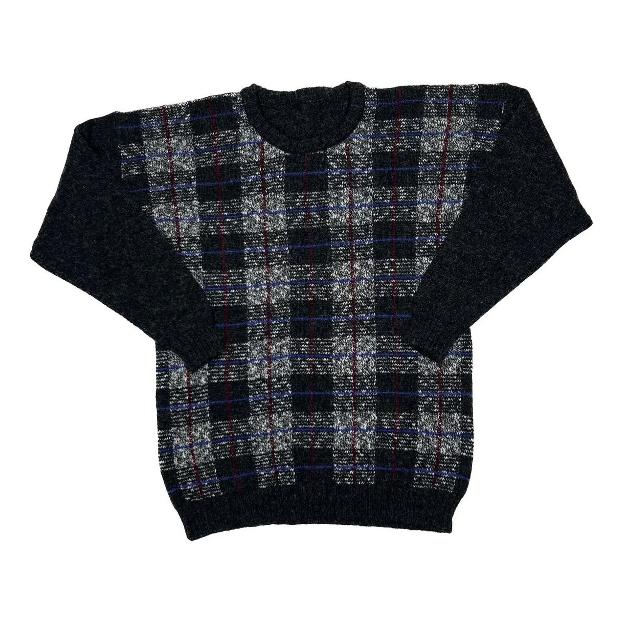 Vintage 80’s Grandad Checked Crewneck Wool Knit Sweater Jumper