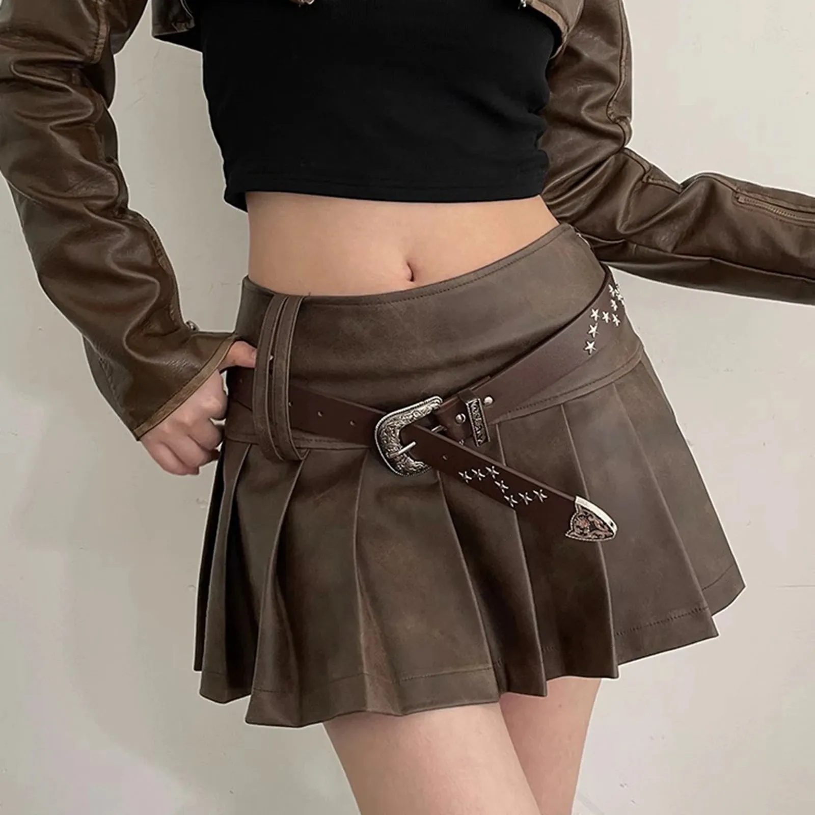 Vintage PU Leather Star-buckled Mini Skirt Bottom