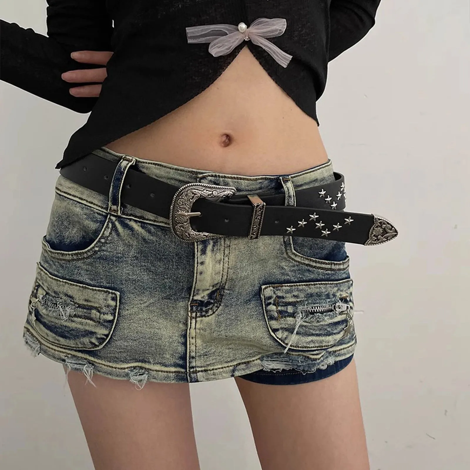 Vintage PU Leather Star-buckled Mini Skirt Bottom