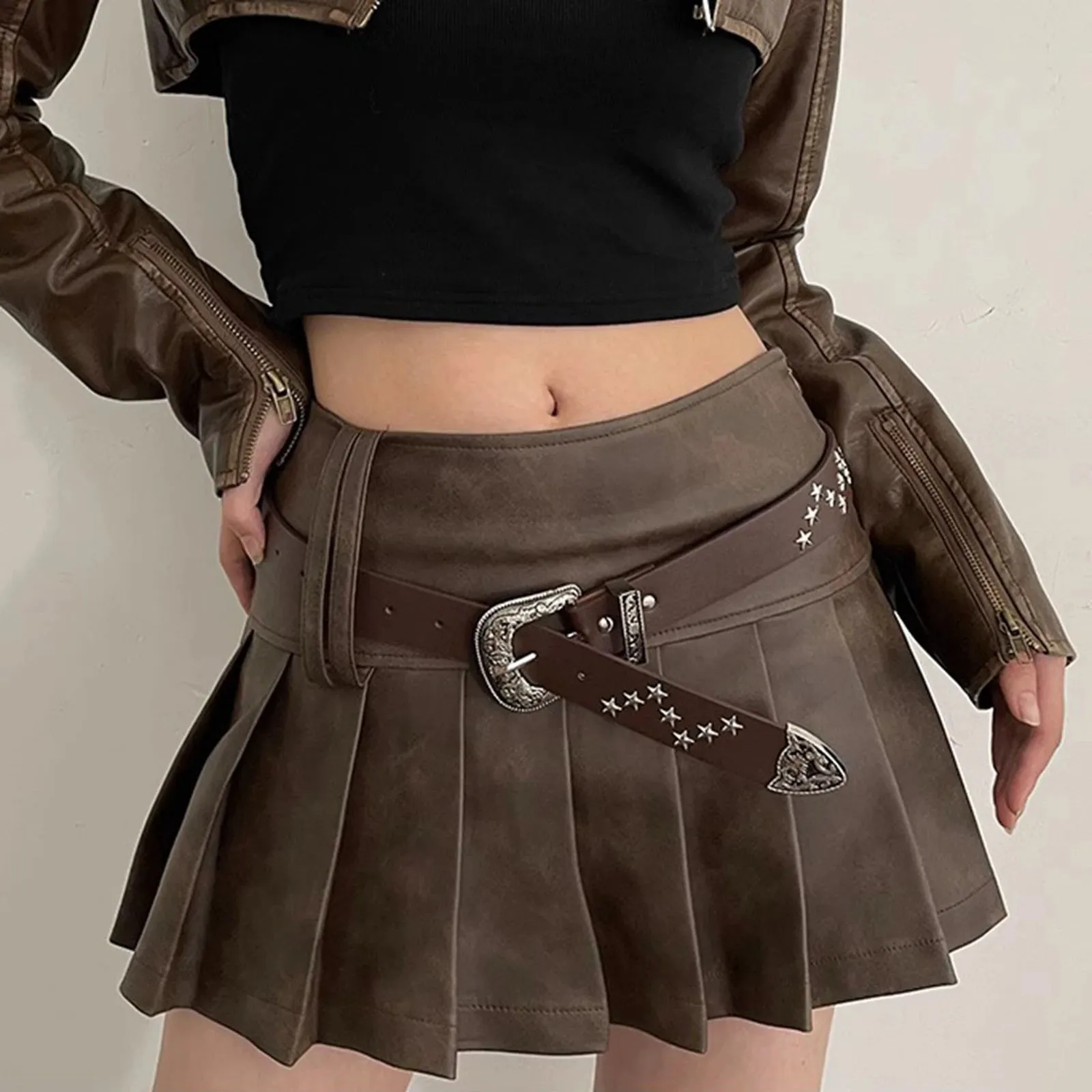 Vintage PU Leather Star-buckled Mini Skirt Bottom