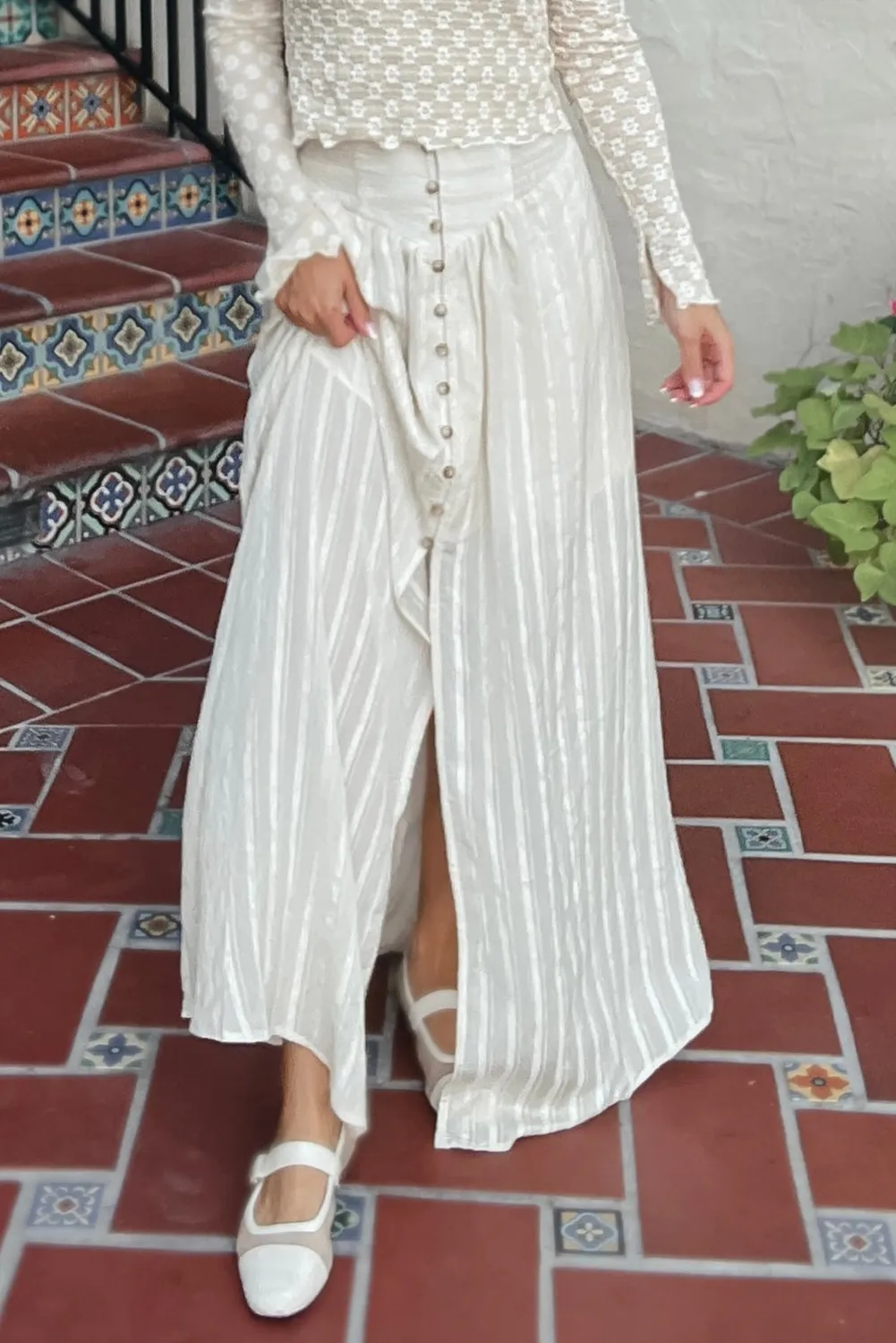 White Striped Buttoned Front Cinched High Waist Slit Maxi Skirt