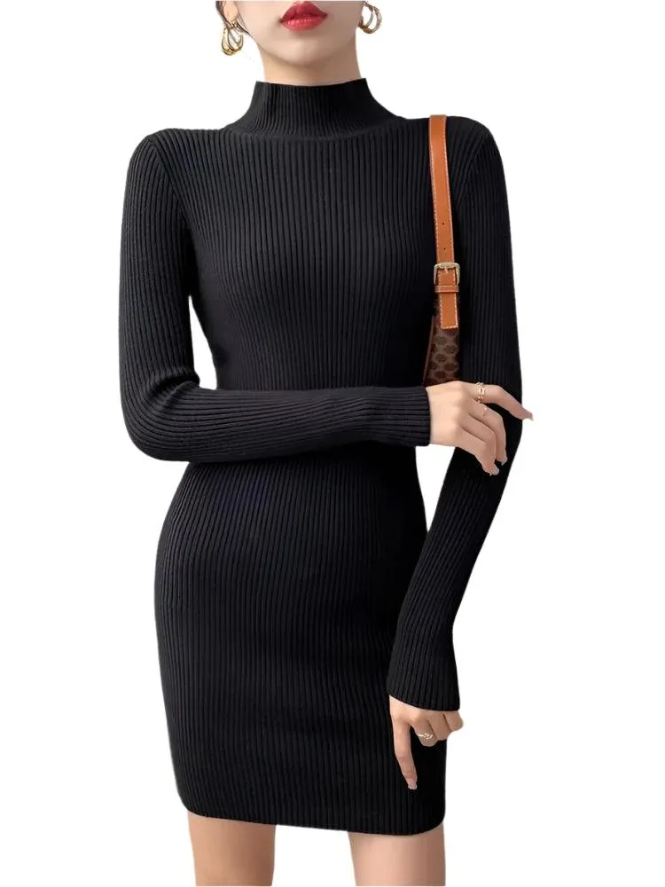 Women Mock Neck Long Sleeve Knit Sexy Bodycon Dress  Autumn Winter