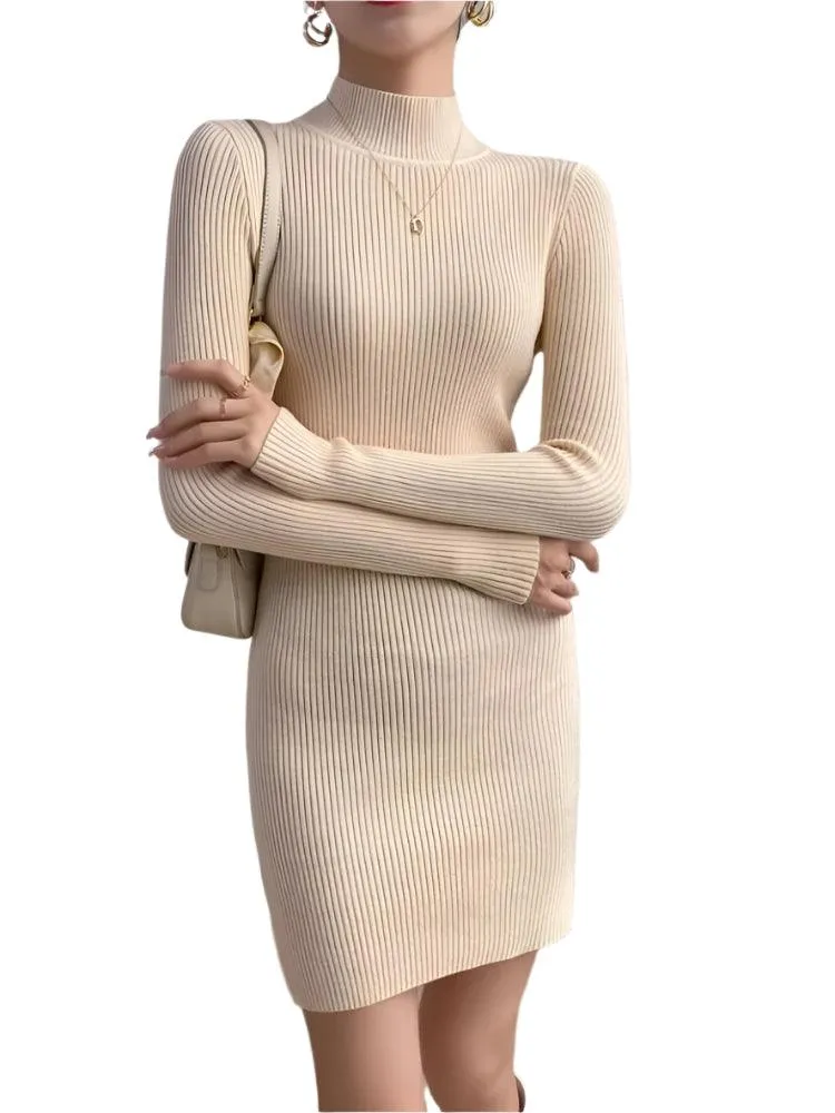 Women Mock Neck Long Sleeve Knit Sexy Bodycon Dress  Autumn Winter