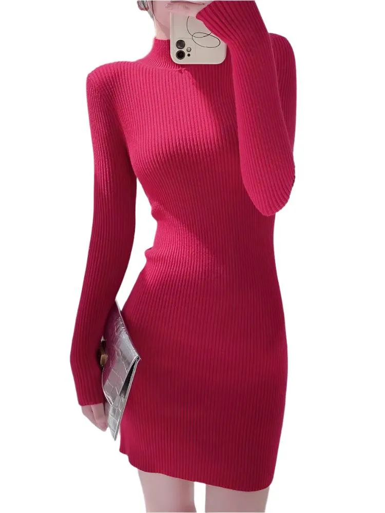 Women Mock Neck Long Sleeve Knit Sexy Bodycon Dress  Autumn Winter