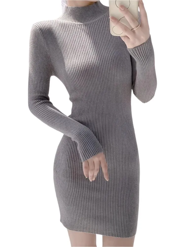 Women Mock Neck Long Sleeve Knit Sexy Bodycon Dress  Autumn Winter