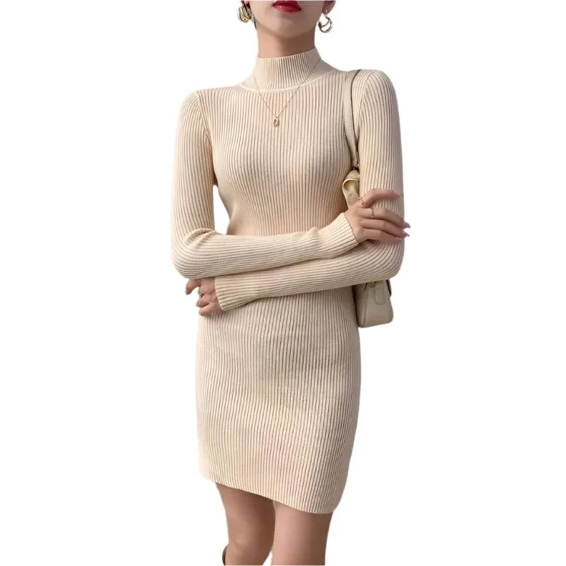 Women Mock Neck Long Sleeve Knit Sexy Bodycon Dress  Autumn Winter