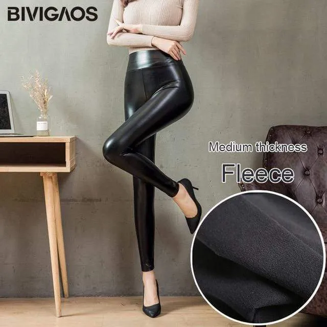 Women PU Leather Pants Elastic High Waist Winter Leggings