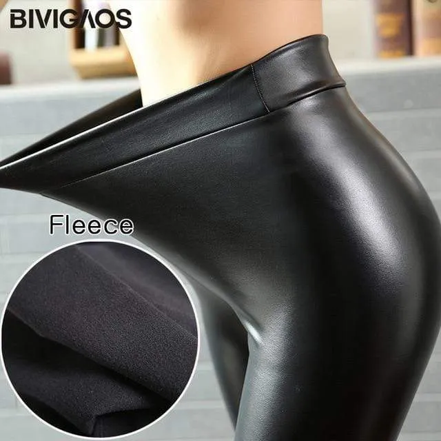 Women PU Leather Pants Elastic High Waist Winter Leggings