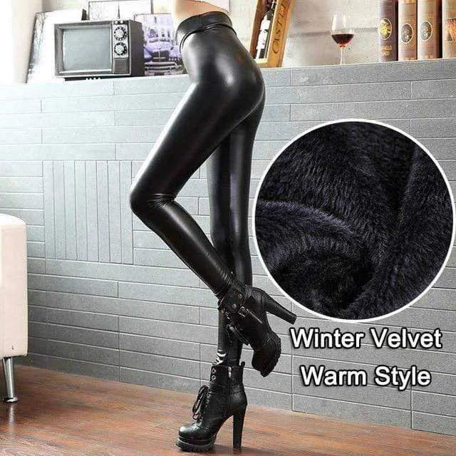 Women PU Leather Pants Elastic High Waist Winter Leggings