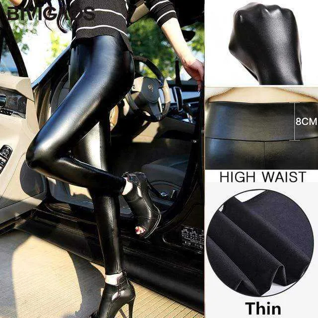 Women PU Leather Pants Elastic High Waist Winter Leggings