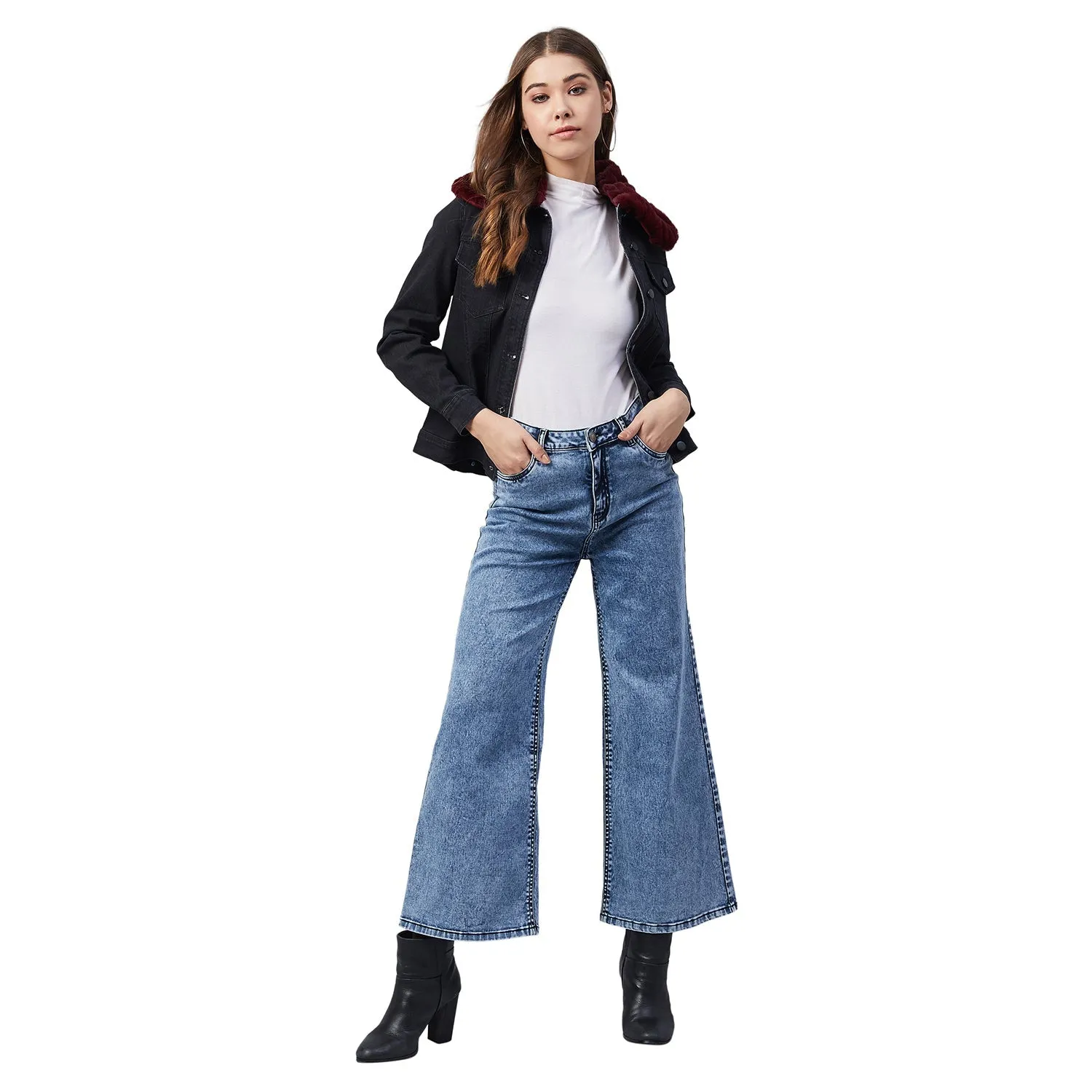 Women's Black Denim Jacket with Detachable Maroon Fur Collar - StyleStone
