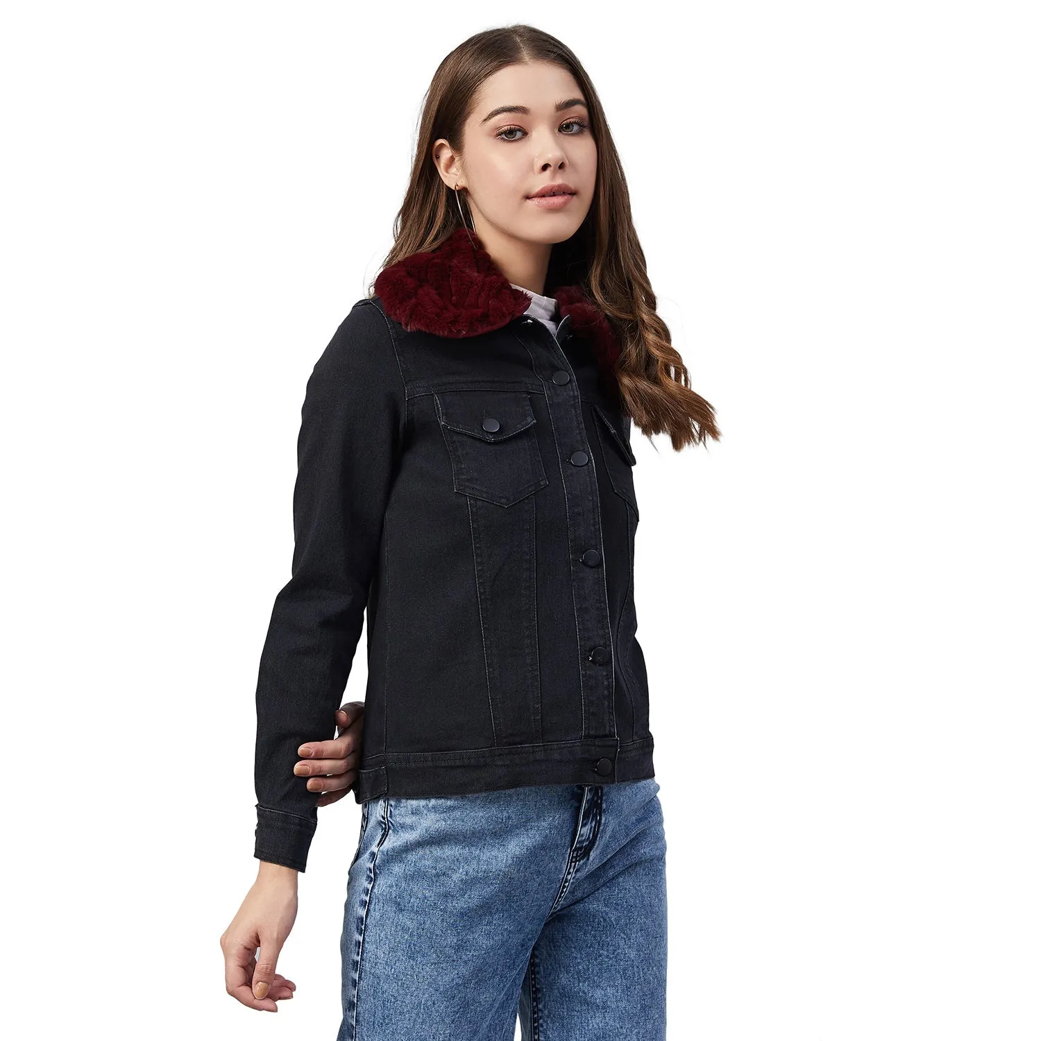 Women's Black Denim Jacket with Detachable Maroon Fur Collar - StyleStone