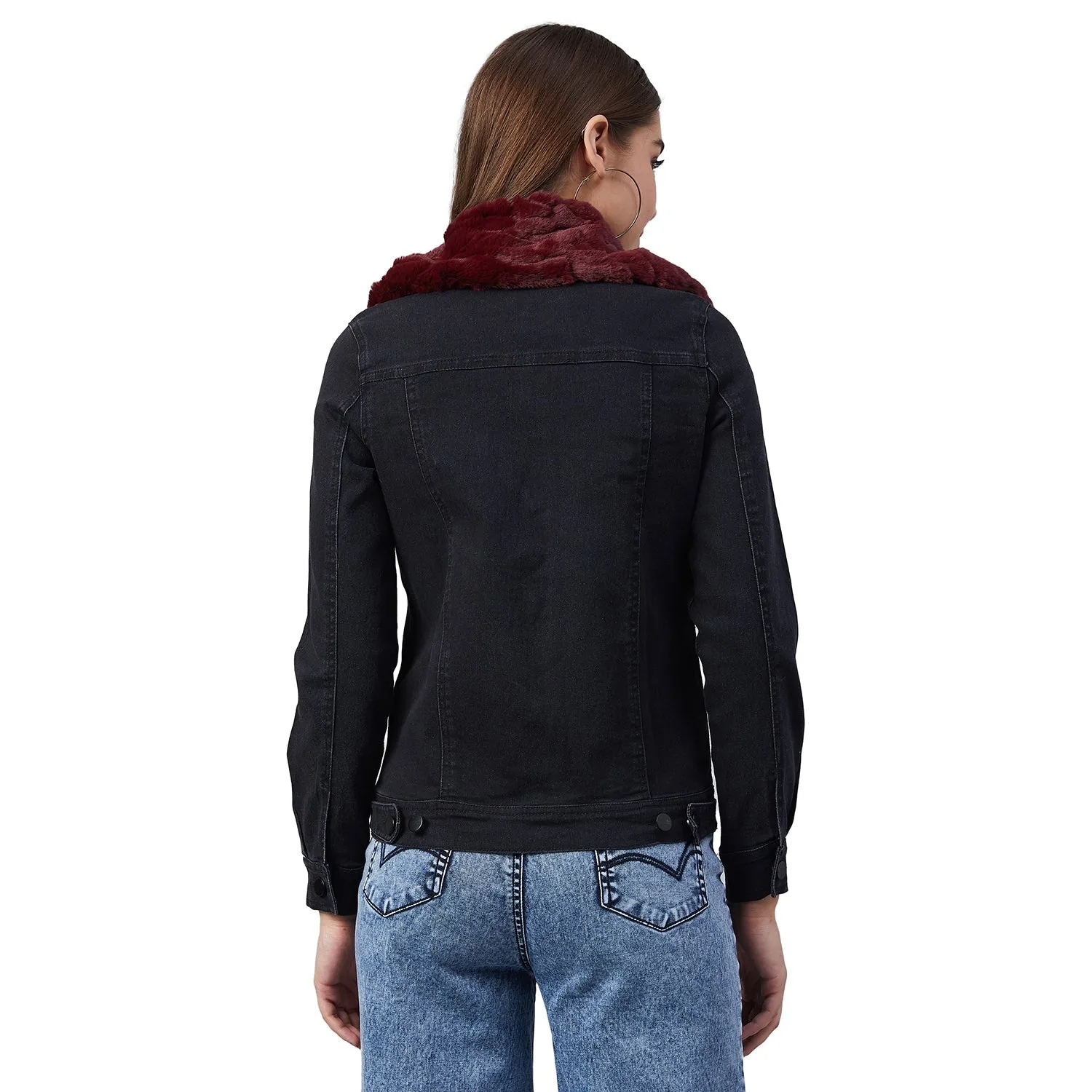 Women's Black Denim Jacket with Detachable Maroon Fur Collar - StyleStone