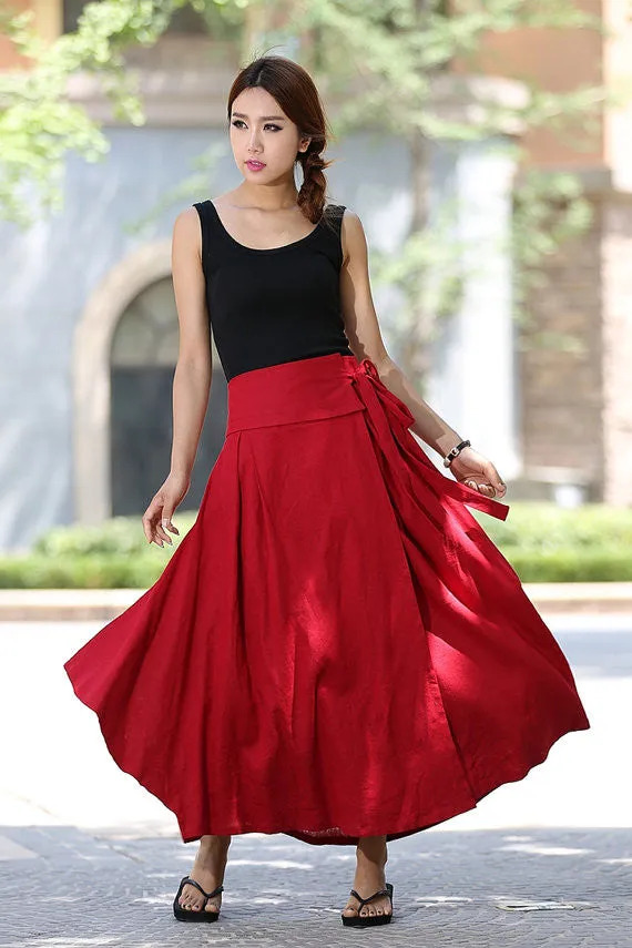 Women's handmdade linen maxi wrap skirt 1025#