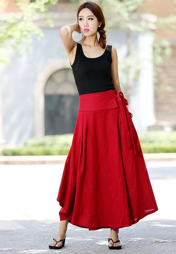 Women's handmdade linen maxi wrap skirt 1025#